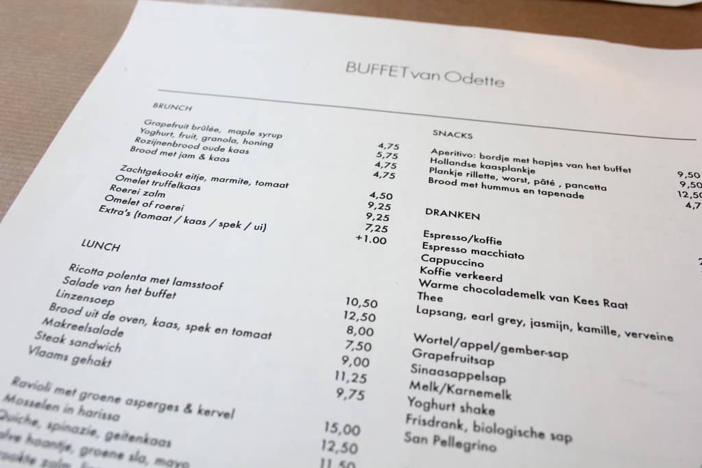 Buffet van Odette menukaart